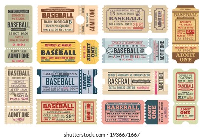 Vintage tickets on baseball game. Sport competition, baseball tournament or cup admission card, stadium entrance pass vector templates with retro typography, team names and controller perforation