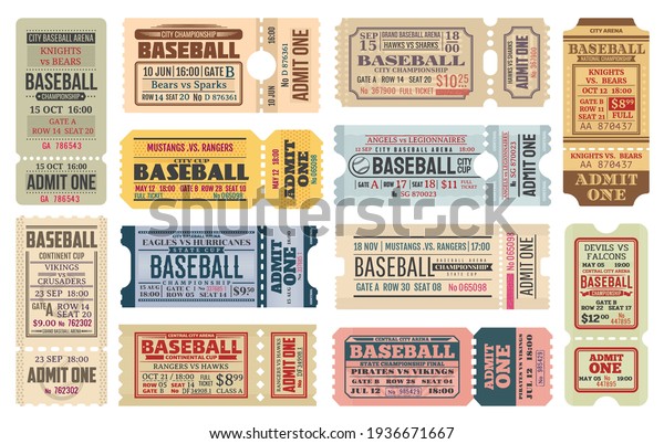 Vintage tickets on baseball game. Sport\
competition, baseball tournament or cup admission card, stadium\
entrance pass vector templates with retro typography, team names\
and controller\
perforation