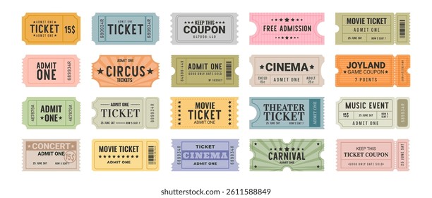 Vintage tickets. Retro admission pass. Admit One label for theater, circus, cinema, movie, concert music. Antique rectangular, rounded, perforated event ticket coupon. Vector set.