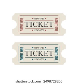 Vintage tickets set for circus, concert, boarding, lottery, movie, casino, theater, cinema, carnival, voucher on white isolated background. Two retro tickets