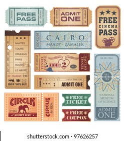 Vintage tickets vector collection. Retro tickets on old paper texture.