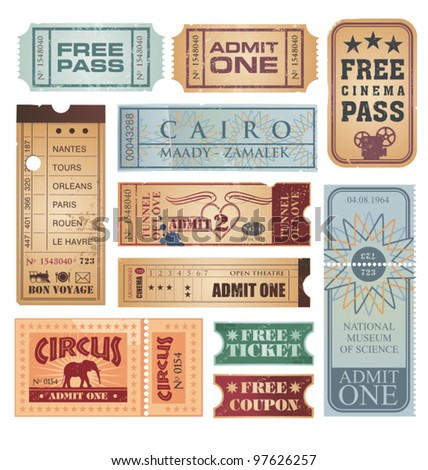 Vintage tickets vector collection. Retro tickets on old paper texture.