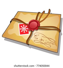 Vintage tied and sealed envelope with message to Santa Claus isolated on white background. Sample of poster, party holiday invitation, festive card. Vector cartoon close-up illustration.