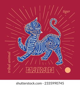 vintage tiger in batik style design template illustration