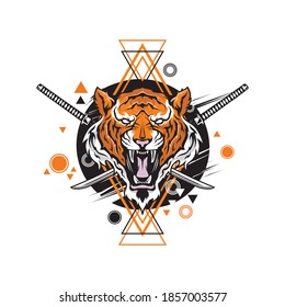 vintage tiger head and katana swords with an aggressive expression sacred abstract geometry vector illustration
