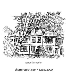 Vintage tile old european house, vector graphic illustration, engraving outline sketch mansion, Rural landscape, Historical building line art isolated, touristic postcard, poster, calendar template