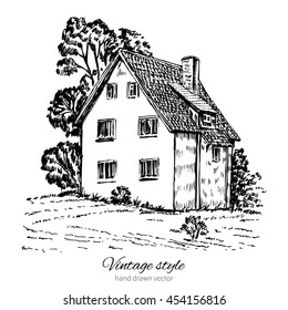 Vintage Tile Old European House, Vector  Engraving Sketch Mansion, Rural Landscape, Historical Building Line Art Isolated, Touristic Postcard, Poster, Calendar Template, Book Illustration, Page Idea