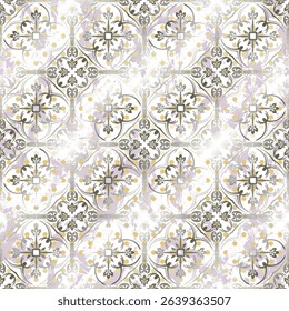 Vintage tile pattern in muted gold and gray for antique-style backgrounds. Vector damask seamless pattern background.  