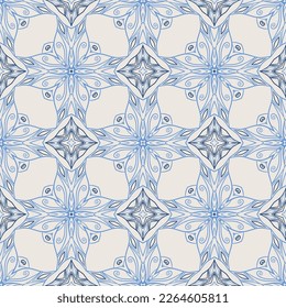 Patrón de mosaico de época. Fondo azul y blanco impecable con elementos abstractos de diseño floral. Baldosas orientales simétricas. Ornamento vectorial azulejo