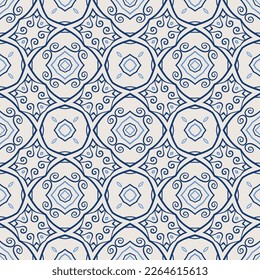 Vintage tile pattern. Seamless blue and white background with abstract floral design elements. Symmetric oriental tiles. Azulejo vector ornament