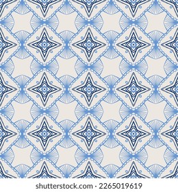 Vintage tile pattern. Seamless blue and white background with abstract floral design elements. Symmetric oriental tiles. Azulejo vector ornament