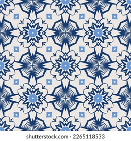 Vintage tile pattern. Seamless blue and white background with abstract floral design elements. Symmetric oriental tiles. Azulejo vector ornament