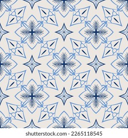 Vintage tile pattern. Seamless blue and white background with abstract floral design elements. Symmetric oriental tiles. Azulejo vector ornament