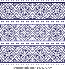 Vintage tile pattern vector border seamless with ornaments. Chinese porcelain ceramic motif texture. Majolica mosaic background for kitchen wall or bathroom floor.