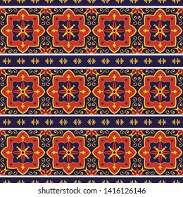 Vintage tile pattern vector border seamless with ornaments. Arabic ceramic motif texture. Majolica mosaic background for kitchen wall or bathroom floor.