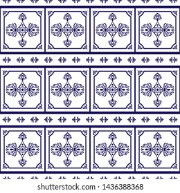 Vintage tile pattern vector border seamless with ornaments. Delft dutch ceramic motif texture. Majolica mosaic background for kitchen wall or bathroom floor.