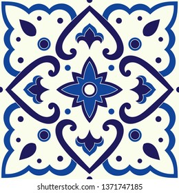 Vintage tile pattern vector elements with majolica ornaments. Portugal azulejos ceramic motif texture. Geometric mosaic background for kitchen wall or bathroom floor.