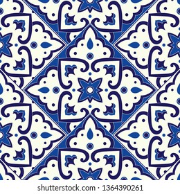 Vintage tile pattern vector parquet seamless with blue and white ornaments. Italian sicily ceramic motif texture. Majolica mosaic background for kitchen wall or bathroom floor.