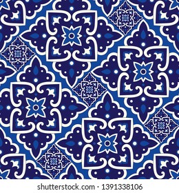 Vintage tile pattern vector parquet seamless with blue and white ornaments. Italian venetian or sicily ceramic motif texture. Majolica mosaic background for kitchen wall or bathroom floor.