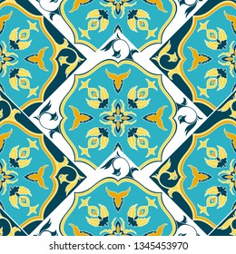 Vintage tile pattern vector seamless with baroque ornaments. Portuguese azulejos ceramic motif texture. Majolica mosaic background for kitchen wall or bathroom floor.