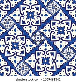 Vintage tile pattern vector seamless with blue and white ornaments. Spanish ceramic motif texture. Majolica mosaic background for kitchen wall or bathroom floor.