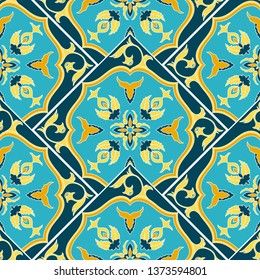 Vintage tile pattern vector seamless with baroque ornaments. Spanish ceramic motif texture. Majolica mosaic background for kitchen wall or bathroom floor.