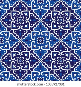 Vintage tile pattern vector seamless with blue and white ornaments. Mexico puebla ceramic motif texture. Majolica mosaic background for kitchen wall or bathroom floor.