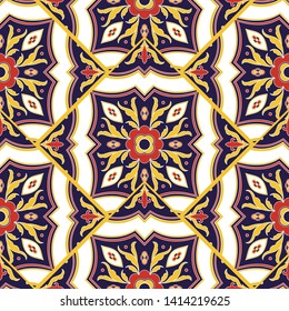 Vintage tile pattern vector seamless with mosaic print. Flowers ceramic motif texture. Italian majolica background for kitchen floor or bathroom floor wall.