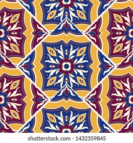 Vintage tile pattern vector seamless with mosaic print. Flowers ceramic motif texture. Moroccan majolica background for kitchen floor or bathroom floor wall.