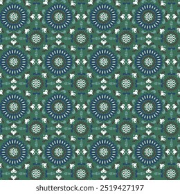 Patrón sin fisuras de baldosas de Antiguas. Flores decorativas sobre fondo verde oscuro, patrón geométrico de trama abstracta sin fisuras. 