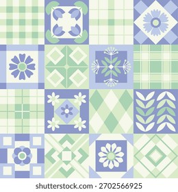 Patrón inconsútil de la baldosa de Antiguas con motivos florales y geométricos, paleta verde azul