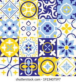 Vintage tile vector background. Traditional geometric ornate ceramic tile seamless pattern. Mediterranean Azulejo mosaic  design from Portugal, Spain or Italy, retro interior concepts.