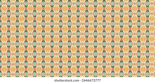 Vintage tileable geometric pattern with golden yellow, coral, and mint hues. Perfect for wallpapers, fabric prints, and retro-inspired backgrounds with repeating motifs.