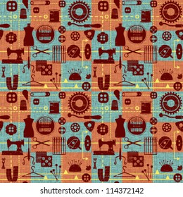 Vintage tiled seamless background with sewing and tailoring symbols