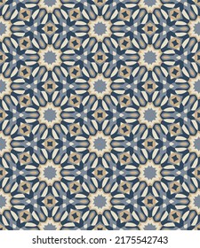 Vintage tiled seamless pattern. Overlapping art forms, stripes, polygons, segments are grouped and arranged in a certain order. Vector. 