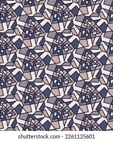 Vintage tiled seamless pattern. Overlapping art forms, stripes, polygons, segments are grouped and arranged in a certain order. Vector. 