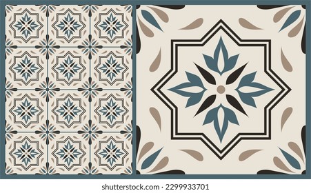 Vintage tiles details for a decorative look. Seamless vector. Ceramic paint floor, ornament Collection Patchwork Pattern Colorful Painted tin Illustration background Pattern.