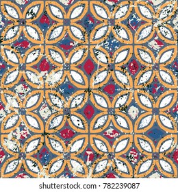 Vintage tiles with geometric ornament. Ethnic background with retro motifs and hand drawn textures. Bold modern print in 1960s fashion style. Seamless vector pattern