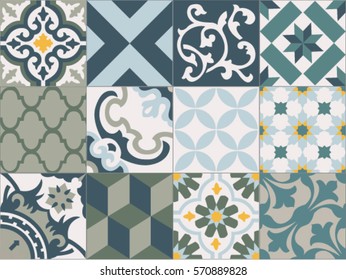 Vintage tiles intricate details for a decorative look. Ceramic paint floor, ornament Collection Patchwork Pattern Colorful Painted tin Illustration background Pattern. Geometric decoration for floor