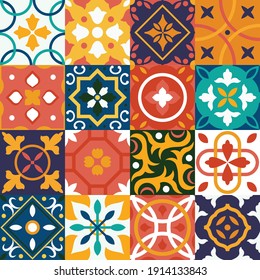 Vintage tiles vector background. Traditional geometric ornate ceramic tiles seamless pattern. Mediterranean, Azulejo, Portugal, Spain, Italy, mosaic, retro interior concepts.