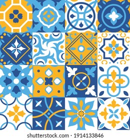 Vintage tiles vector background. Traditional geometric ornate ceramic tiles seamless pattern. Mediterranean, Azulejo, Portugal, Spain, Italy, mosaic, retro interior concepts.