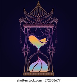 Vintage timer with color sand in dotwork tattoo design for alchemist t-shirt print. Hand drawn antique wizard hourglass spirituality vector illustration.