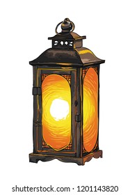 Vintage tin lantern vector sketch illustration. Isolated.