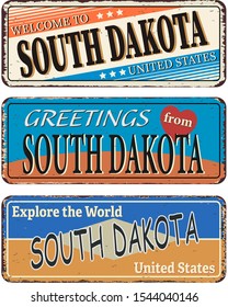Vintage tin sign with America state South Dakota Retro souvenir or postcard template on rust background.