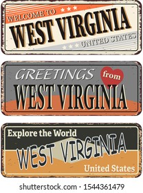 Vintage tin sign with America state West Virginia Retro souvenir or postcard template on rust background.