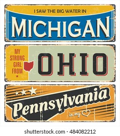 Vintage Tin Sign Collection With America State. Michigan. Ohio. Pennsylvania. Retro Souvenirs Or Postcard Templates On Rust Background.