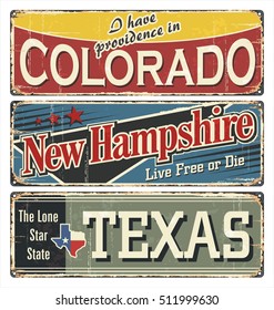 Vintage tin sign collection with America state. Colorado. New Hampshire. Texas. Retro souvenirs or postcard templates on rust background. American flag. Stars.