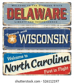 Vintage tin sign collection with America state. All States. Retro souvenirs or old paper postcard templates on rust background. States of America. Delaware. Wisconsin. North Carolina.