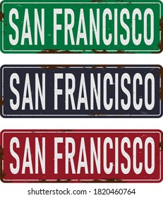 Vintage tin sign collection San Francisco. Retro souvenirs or postcard templates on vintage background.