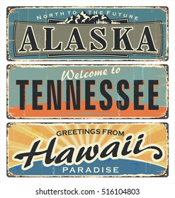 Vintage tin sign collection with US. All States. Alaska. Tennessee. Hawaii. Retro souvenirs or old paper postcard templates on rust background. States of america.